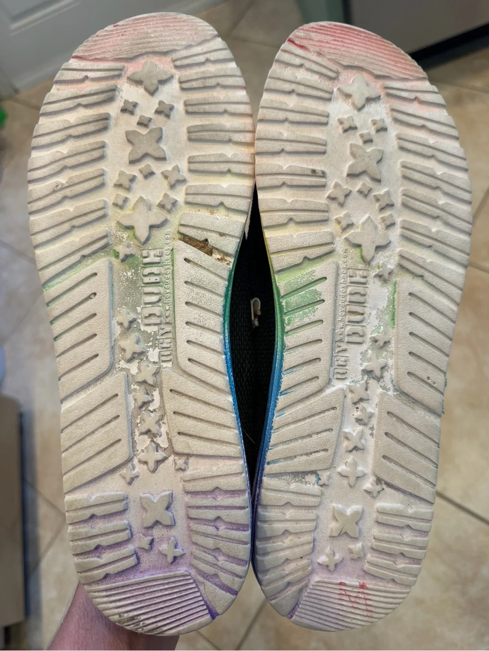Hey Dude Black Slip-On Loafers with Rainbow Sole and Accents Sz 12